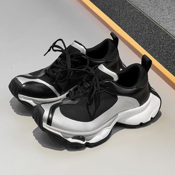 春夏新款彎刀老爹鞋男拼色百搭復古低幫鞋增高透氣休閑情侶款跑鞋