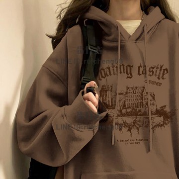 大學T衛衣美式復古棕色加絨衛衣女秋冬加厚連帽外套冬【步行者戶外生活館】