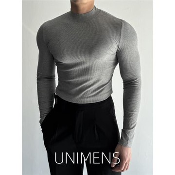 螺紋半高領長袖T恤男士春秋冬季高級彈力修身純色休閑肌肉打底衫