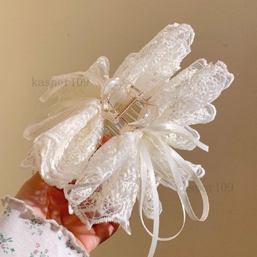 新款♥法式溫柔米色蕾絲蝴蝶結抓夾女氣質高級感鯊魚夾後腦勺鯊魚夾頭飾