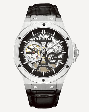 Kenneth Cole New York Automatic Stainless Steel Watch With Black Leather Strap