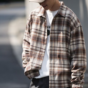 美式重磅復古格子長袖襯衫男秋季新款寬鬆情侶外套男