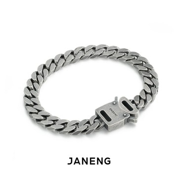 JANENG追岸 925純銀復古做舊安全扣馬鞭手鏈 暗黑中性風格古巴鏈