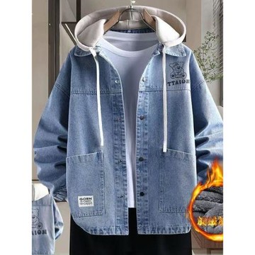 冬季新款連帽加絨加厚牛仔夾克外套男青少年個性印花休閑棉衣褂子