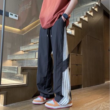 黑色條紋速干休閑褲男2025新款夏季美式復古直筒褲子運動冰絲長褲