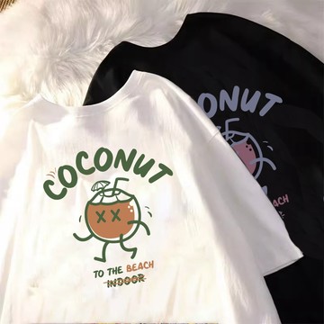 【隔日到貨】繽紛夏日椰子印花短袖T恤280g純棉重磅短T情侶裝休閒圓領上衣百搭大尺碼體恤寬鬆上衣Oversize T恤