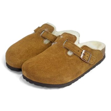 Birkenstock Boston Shearling 麂皮半包毛毛穆勒鞋 女 淺棕色 一般寬真皮勃肯波士頓 經典懶人拖鞋 反毛皮軟木休閒涼鞋1001140