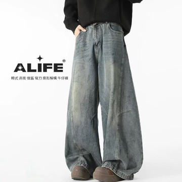 現+預｜【ALIFE】美式 水洗 刷色 銹土 做舊 拼接 結構 彎刀 牛仔褲 闊腿 修身 彎刀褲 牛仔 長褲 #211U