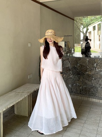 【missy shop】杏桃氣泡扭結斜肩上衣長裙套裝-83807