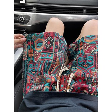 民族服編織花短褲男夏季薄款外穿五分褲休閑大褲衩美式復古沙灘褲