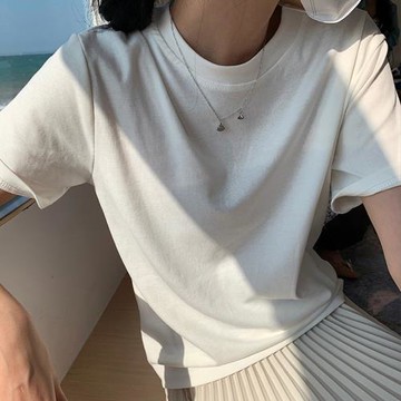 正肩夏季短袖t恤女純白色韓版百搭圓領棉質半袖寬松簡約顯瘦上衣