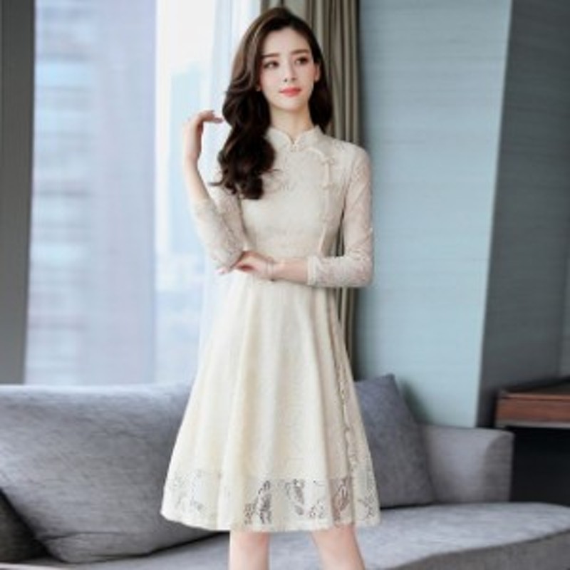 総レース ワンピース レースワンピース パーティードレス 結婚式 40代 膝丈ワンピース チャイナ風 スタンドカラー 長袖 透け感 ひざ丈 フ 通販 Lineポイント最大6 0 Get Lineショッピング