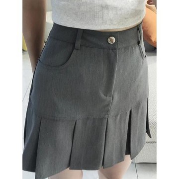 灰色百褶西裝半身裙女夏季高腰大碼胖mm遮肚子顯瘦a字包臀短裙子