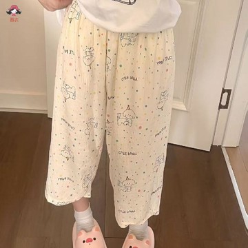 臺灣出貨 女生褲子 寬褲 休閒褲 涼感褲雲朵棉睡褲夏季薄款印花七分褲女過膝休閒薄款寬鬆大碼可外家居褲