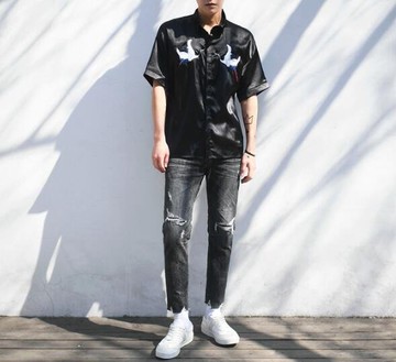 FINDSENSE MD 日系 時尚 潮 男 仙鶴刺繡 動物圖案 短袖POLO衫 短袖T恤 特色短T