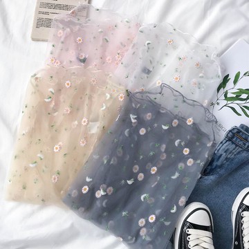 泫雅風刺繡小雛菊網紗洋氣長袖T恤女春夏韓版ins內搭超仙上衣服潮