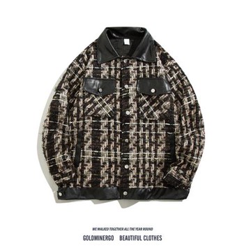 編織小香風外套男女高級感痞帥高街潮牌痞帥拼接pu皮衣千鳥格夾克