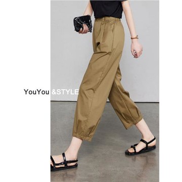 八分卡其色氣球香蕉褲女夏薄款小個子梨形身材高腰直筒闊腿工裝褲