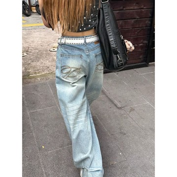 限時瘋搶模式🔥高個子加長美式復古口袋刺繡牛仔褲女夏季高腰寬鬆顯瘦闊腿拖地褲3ERN