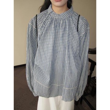 3months藍色格子襯衫女2025新款春裝設計感小眾春季長袖寬松上衣