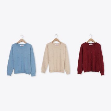 【CUMAR】立體小花珍珠狗牙領針織上衣 藍 紅 杏(魅力商品)