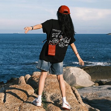 【當天出貨！】韓系可愛貓咪印花短袖 加大碼寬鬆上衣 夏季潮流T恤 下半身失蹤 oversize風 純棉t恤 女tee