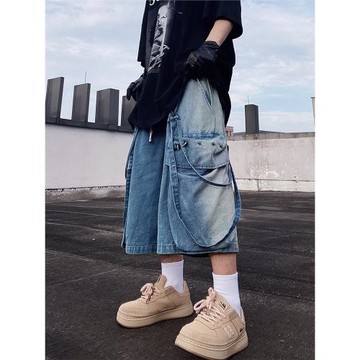 UUCSCC夏季美式復古潮流直筒五分褲嘻哈潮牌工裝寬松休閑中褲男士