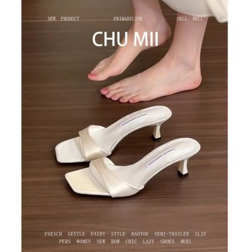羊皮版~法式綢緞高跟鞋女時尚方頭一字帶氣質露趾涼鞋溫柔小涼拖