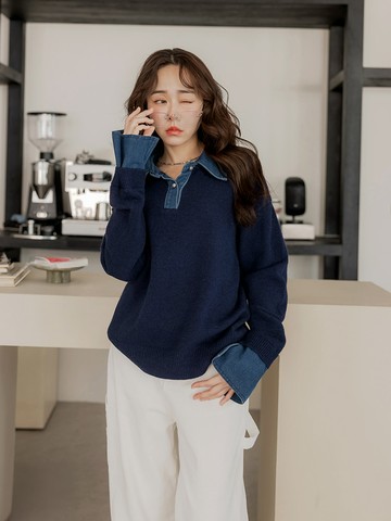 假兩件毛織拼接牛仔長袖上衣