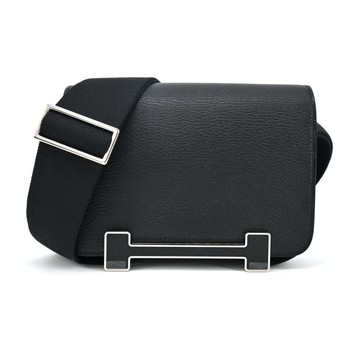 Hermes 愛馬仕 GETA山羊皮布款背帶斜背包(AD黑/U刻/銀釦)