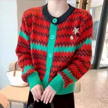 秋季韓系圓領拼接針織毛衣外套