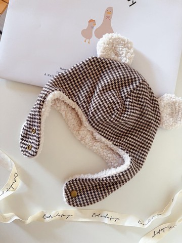 百搭千鳥格 韓國厚針織 工嬰幼兒保暖飛行帽 寶寶帽 保暖帽