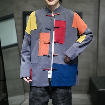 中國風男裝撞色貼布乞丐亞麻襯衫棉麻長袖外套復古風居士唐裝禪服