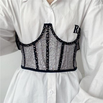 歐美辣妹綁帶腰帶女束腰外搭百搭法式設計感小眾亮片網紗腰封收腰