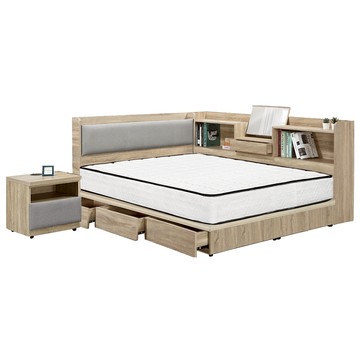 IHouse-沐森 房間5件組(插座床頭+收納抽屜底+獨立筒床墊+收納床邊櫃+床頭櫃) 雙人5尺古橡