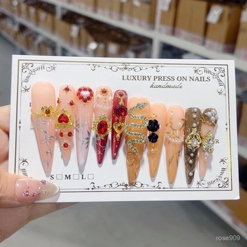 ✨Hannah✨長款愛心立體晶鑽燙金法式金蛇純手工穿戴甲成品純手工穿戴甲 3MT0