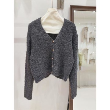 小香風奶白色短款針織外套女金色扣外穿肌理感洋氣圈圈紗毛衣開衫