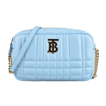 BURBERRY 巴寶莉  LOLA TB金屬LOGO大小格紋縫線設計羔羊皮斜背相機包(淺藍)
