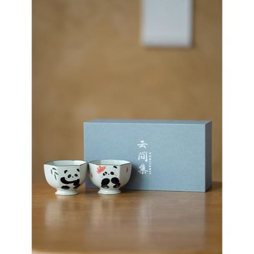 畫續草木灰手繪熊貓高腳杯主人杯單杯功夫茶杯單個陶瓷品茗杯對杯