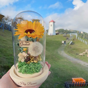 可急單 向陽祝福 太陽向日葵蒲公英玻璃罩LED永生花盅 客製化雕刻