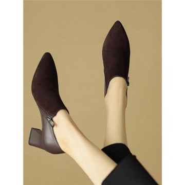 尖頭羊皮女鞋2023春秋季新品簡約及踝鞋磨砂反絨皮粗高跟深口單鞋