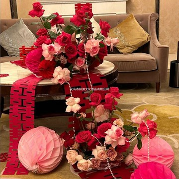 【喜氣婚房必備】仿真花藝 婚房裝飾 結婚裝飾 訂婚裝飾 桌面擺件 床頭裝飾 茶几佈置 餐桌花藝 仿真花束 喜慶紅色 多場景適用