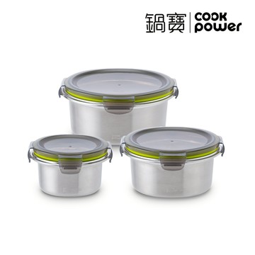 鍋寶316不鏽鋼可堆疊收納微波保鮮盒3件組-圓形(330ml+700ml+1400ml)