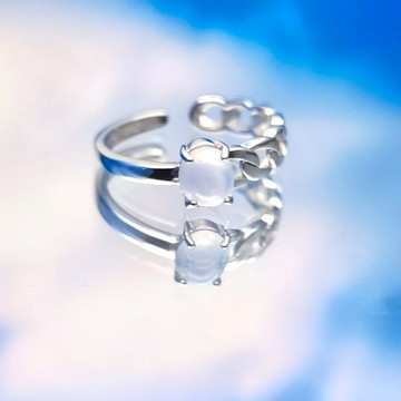 純銀系列 - 白冰蛋面翡翠純銀開口戒指