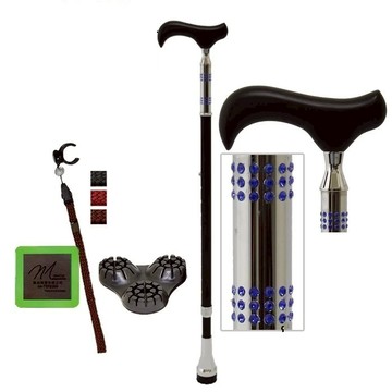 海夫枴杖屋 施華洛士奇 璀璨系列 時尚高級伸縮手杖 72顆藍水鑽 三角底座 夜光片扣環 黑色高級楓木-銀(S2HC01)