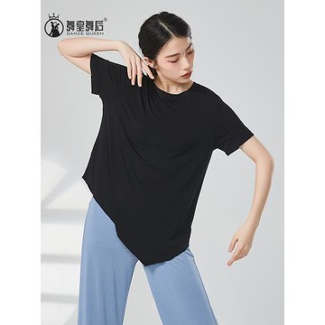 現代舞練功服女寬松舞蹈上衣成人短袖莫代爾斜角圓領長款舞蹈服