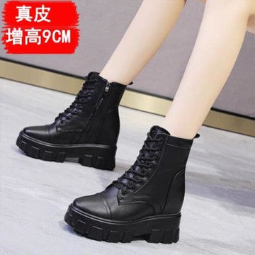 內增高短靴女馬丁靴2025秋冬8CM厚底坡跟百搭靴子女真皮單靴黑色