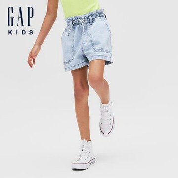 【GAP】兒童高腰寬鬆套穿式牛仔短褲-淺色水洗/中度水洗(872287)