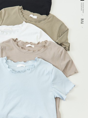 木耳邊寬領T恤／波浪邊大領落肩短袖上衣－【350265】