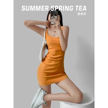 肯豆裙夏2025新款辣妹裙無袖背心吊帶短裙高腰褶皺修身包臀連衣裙